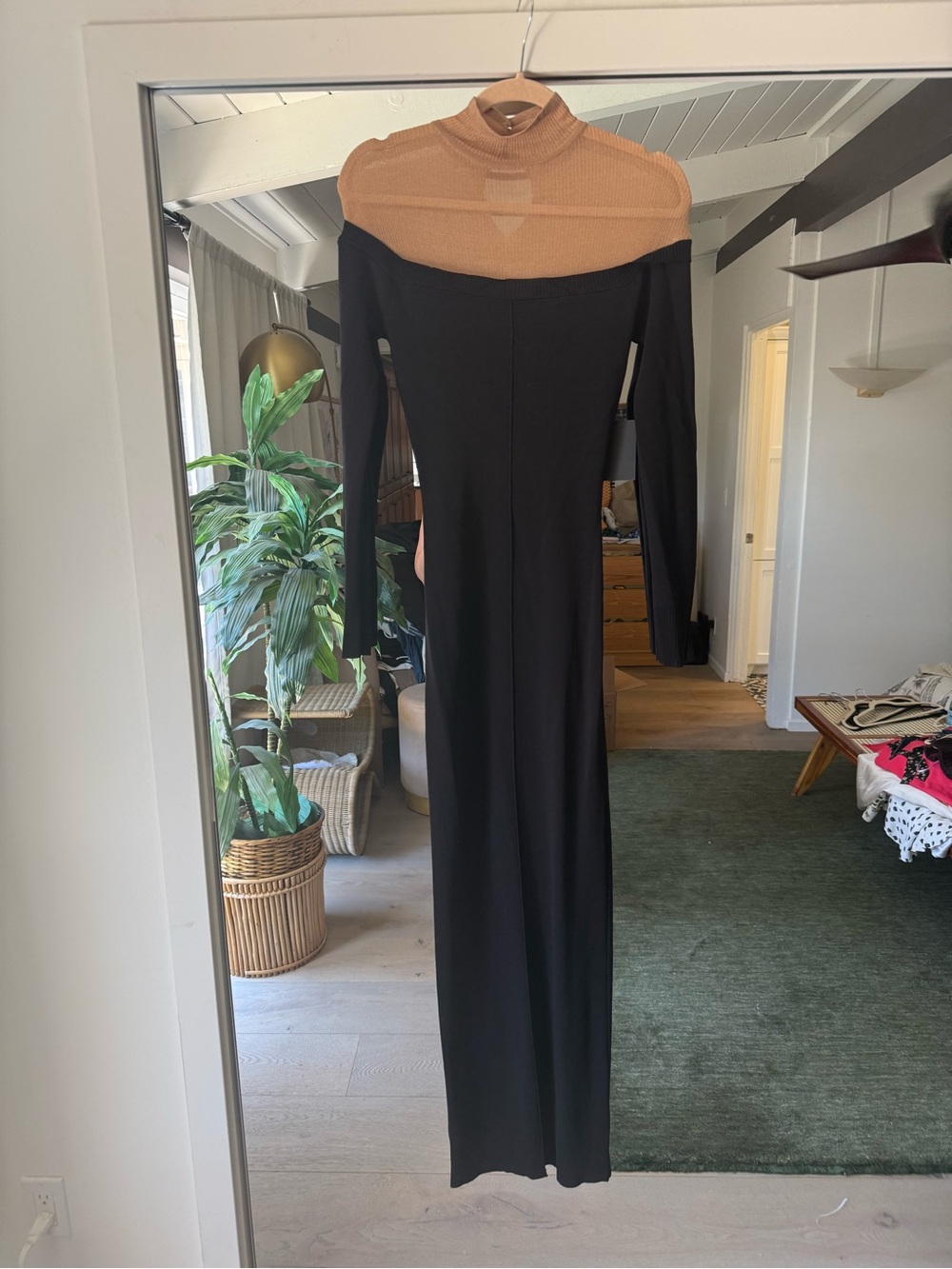 JLUXLABEL Black Maxi Dress with Camel Yoke Long Sleeve
